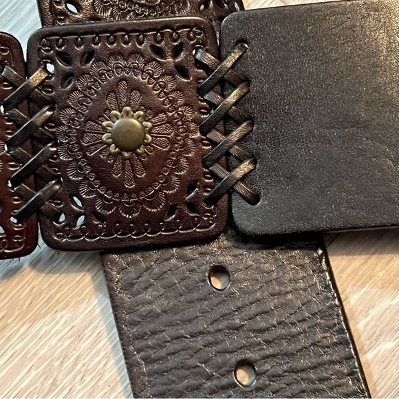 Vtg New Ralph Lauren wide leather belt Tooled Braid Brass buckle Boho Western L - Picture 9 of 16